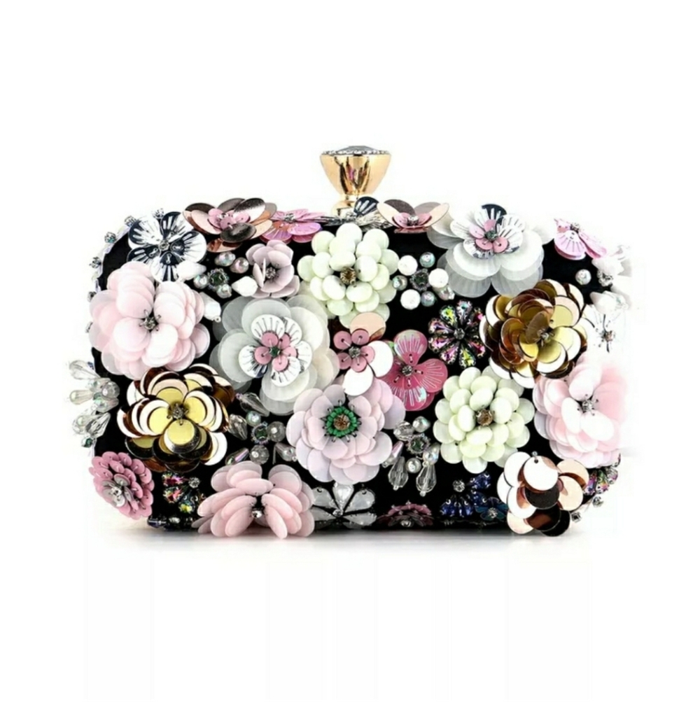 Women's Evening Bag Flower Party Prom Clutch Purse Floral Bride Black Handbag - Picture 1 of 16